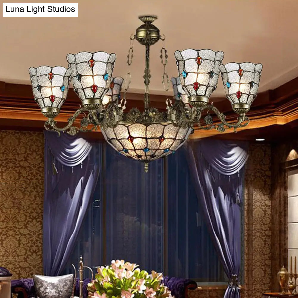 Frosted Glass Arm Pendant Chandelier - Tiffany Style 9/12 Lights Bronze Hanging Lamp For Living Room