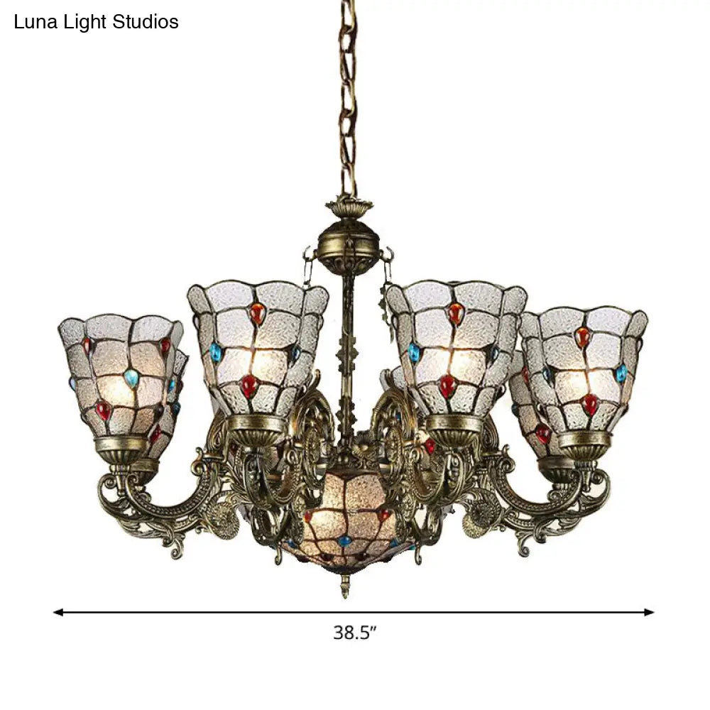 Tiffany Style Arm Chandelier With Frosted Glass Shades - 9/12 Lights Bronze Pendant Lamp For Living