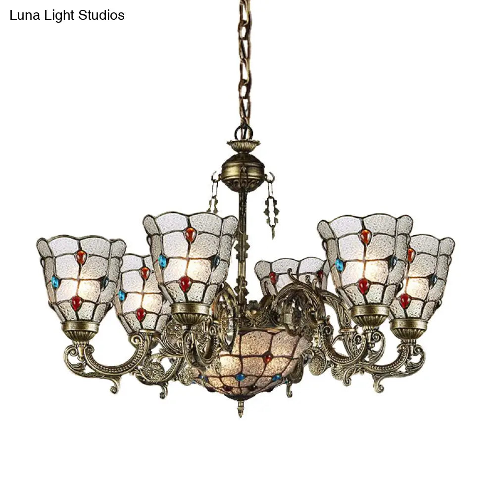 Tiffany Style Arm Chandelier With Frosted Glass Shades - 9/12 Lights Bronze Pendant Lamp For Living