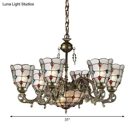 Frosted Glass Arm Pendant Chandelier - Tiffany Style 9/12 Lights Bronze Hanging Lamp For Living Room