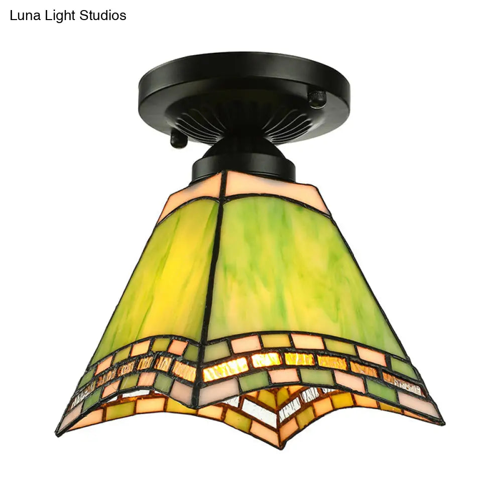 Tiffany-Style Art Glass Ceiling Light - 1 Green Flush Mount Fixture For Offices And Corridors