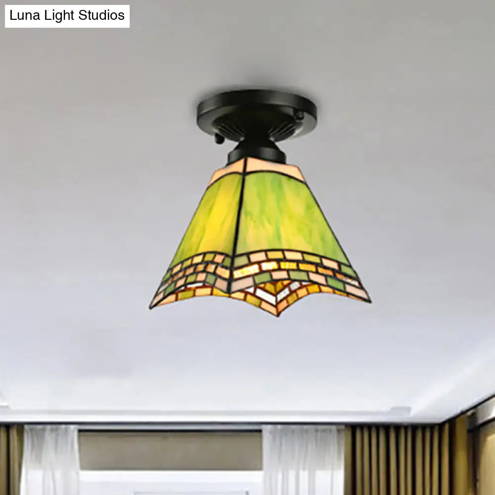 Tiffany-Style Art Glass Ceiling Light - 1 Green Flush Mount Fixture For Offices And Corridors