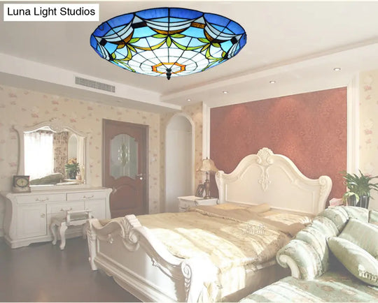 Tiffany Style Art Glass Dome Flush Ceiling Light For Bedroom