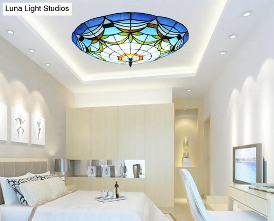 Tiffany Style Art Glass Dome Flush Ceiling Light For Bedroom