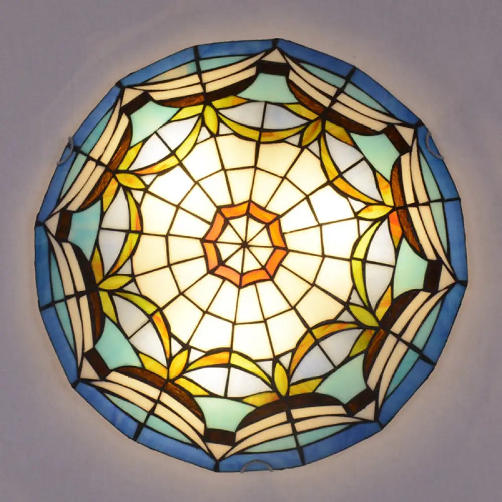 Tiffany Style Art Glass Dome Flush Ceiling Light For Bedroom Blue / 12