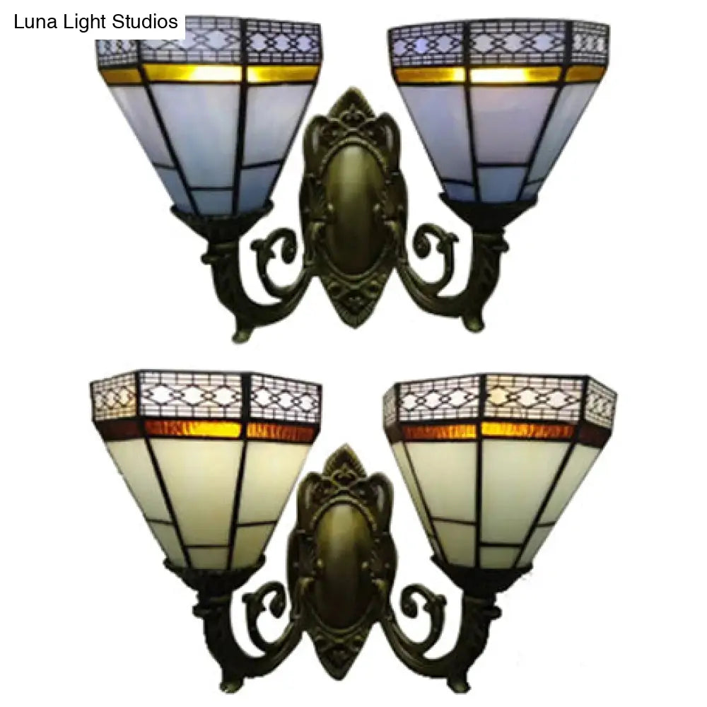 Tiffany Style Art Glass Pyramid Wall Sconce With 2 Bulbs In Beige/Blue For Study Room