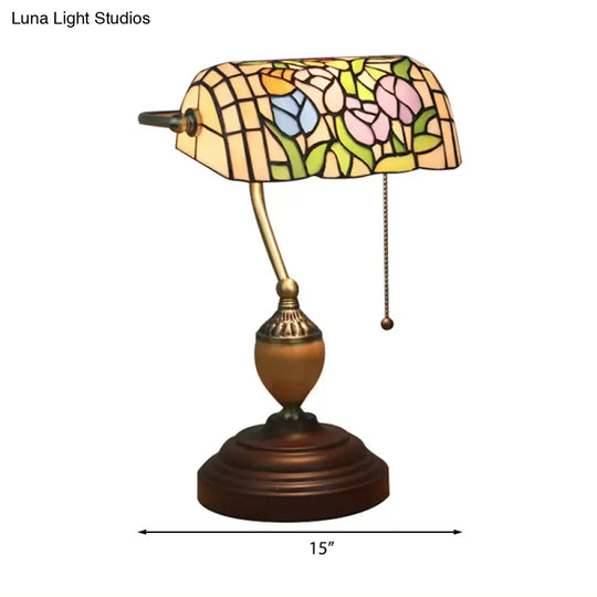 Tiffany Style Bankers Table Lamp - 1 Light Stainless Glass Brown Finish Pull Chain