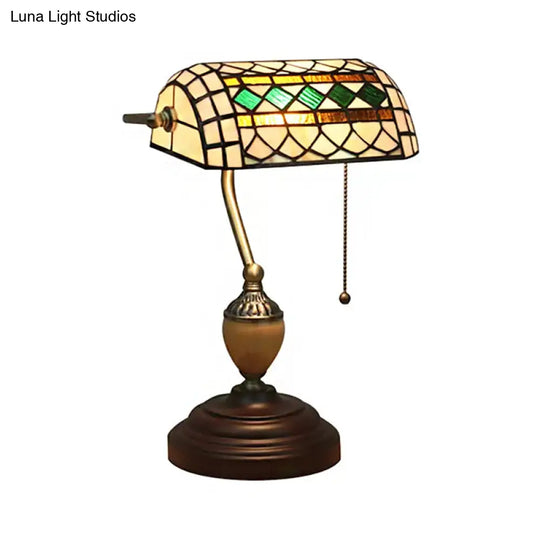 Tiffany Style Bankers Table Lamp - 1 Light Stainless Glass Brown Finish Pull Chain