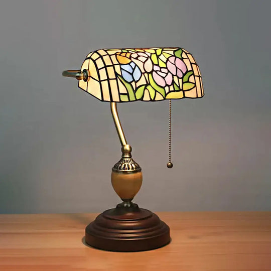 Tiffany Style Bankers Table Lamp - 1 Light Stainless Glass Brown Finish Pull Chain / Flower