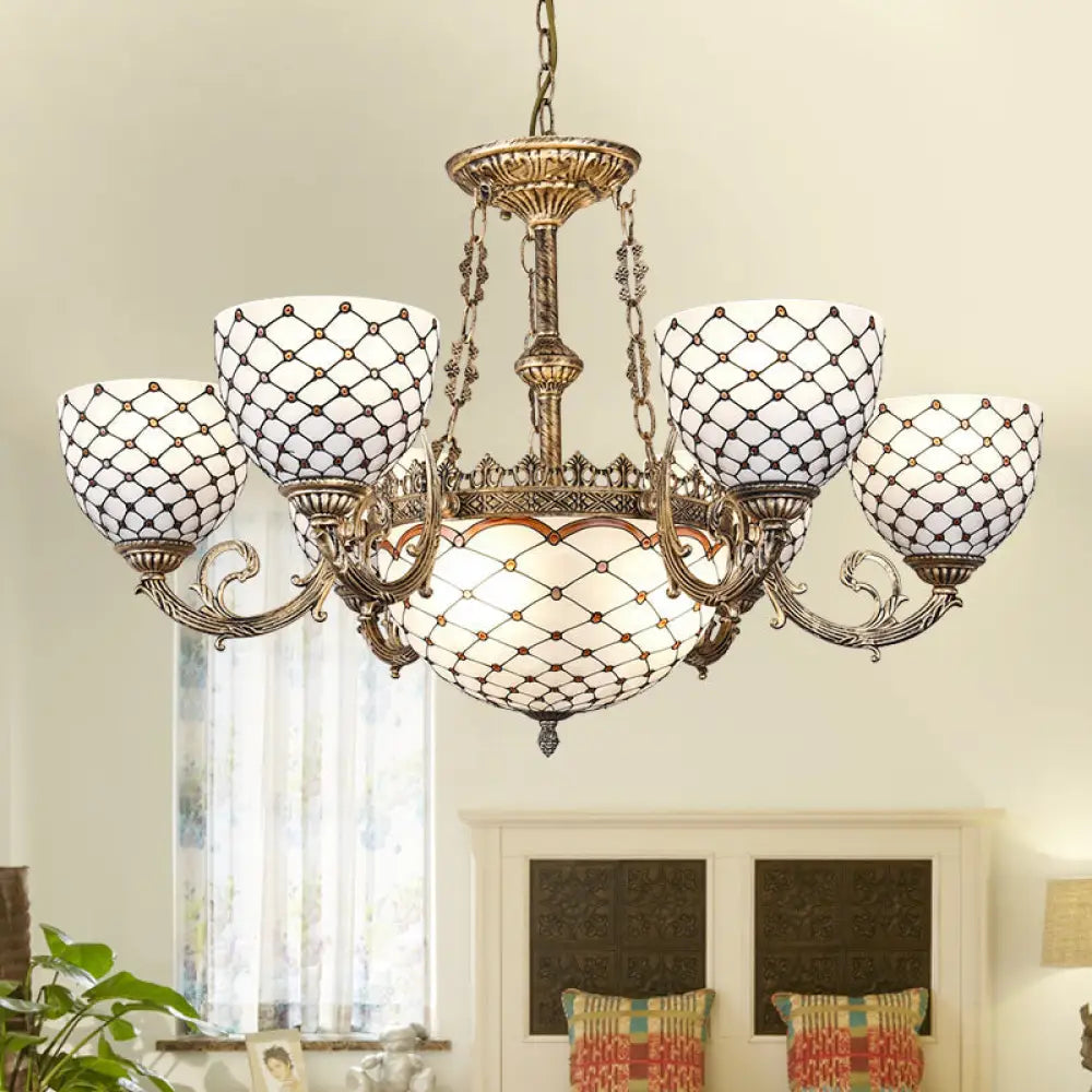 Tiffany Style Beaded Stained Glass Chandelier - Antique Brass Pendant Available In 3 Sizes & Light