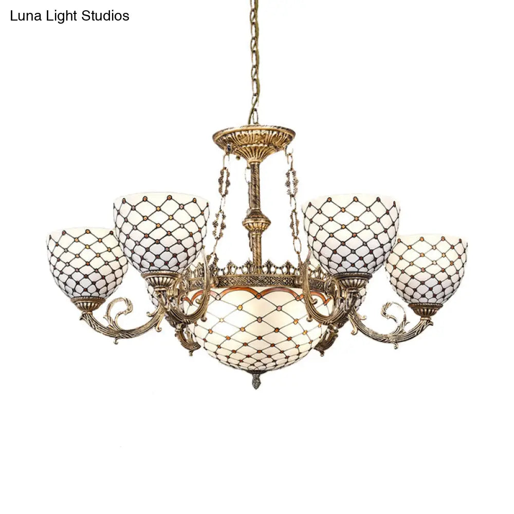 Tiffany Style Beaded Stained Glass Chandelier - Antique Brass Pendant Available In 3 Sizes & Light