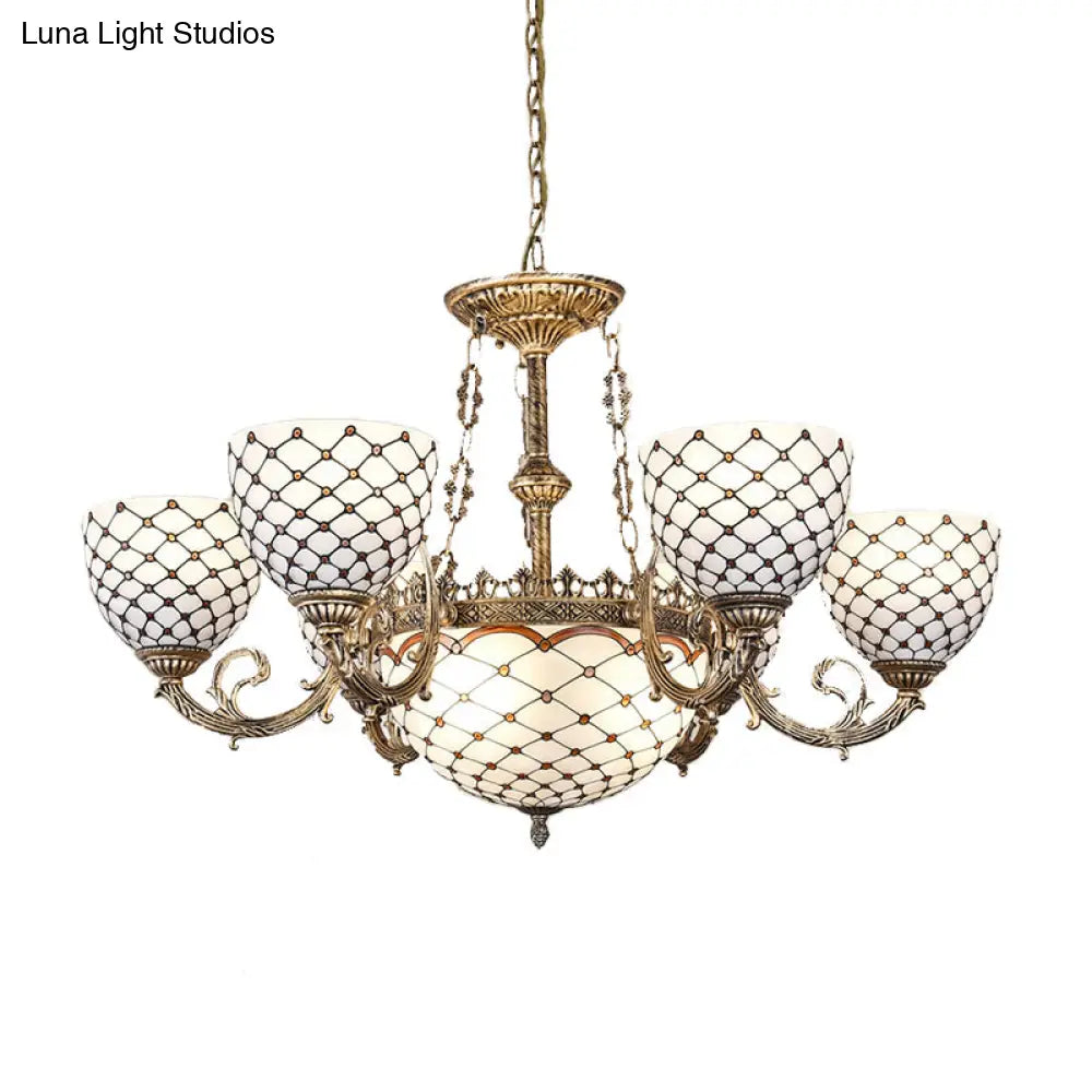 Tiffany Style Beaded Stained Glass Chandelier - Antique Brass Pendant Available In 3 Sizes & Light