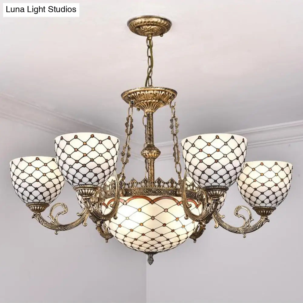 Tiffany Style Beaded Stained Glass Chandelier - Antique Brass Pendant Available In 3 Sizes & Light