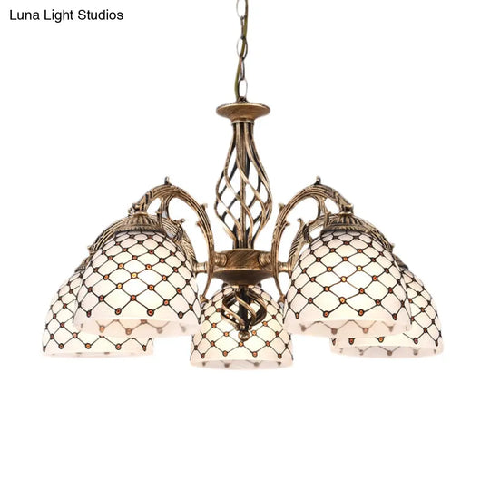 Tiffany Style Beaded Stained Glass Chandelier - Antique Brass Pendant Available In 3 Sizes & Light