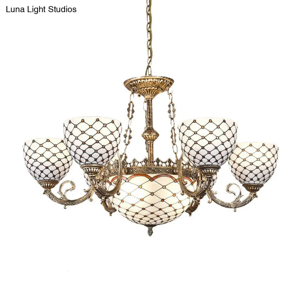 Antique Brass Beaded Chandelier With Tiffany Style Stained Glass - 3/5/9 Lights 23/24.5/31.5W