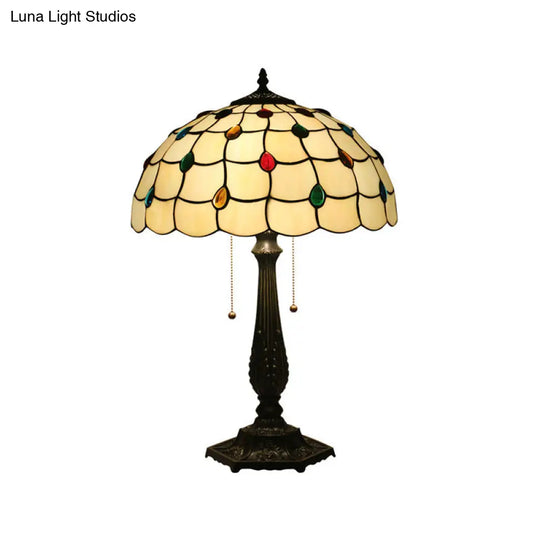 Tiffany Style Beaded Table Light With Stained Glass Shade Antique Brass Nightstand Lamp For Bedside