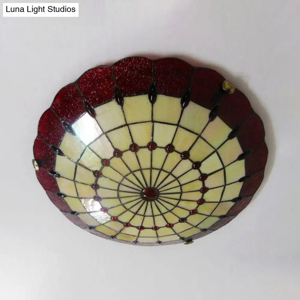 Tiffany Style Bedroom Ceiling Light 12/16/19.5 W Dome Shade Flush Mount With Red Jewel Decoration