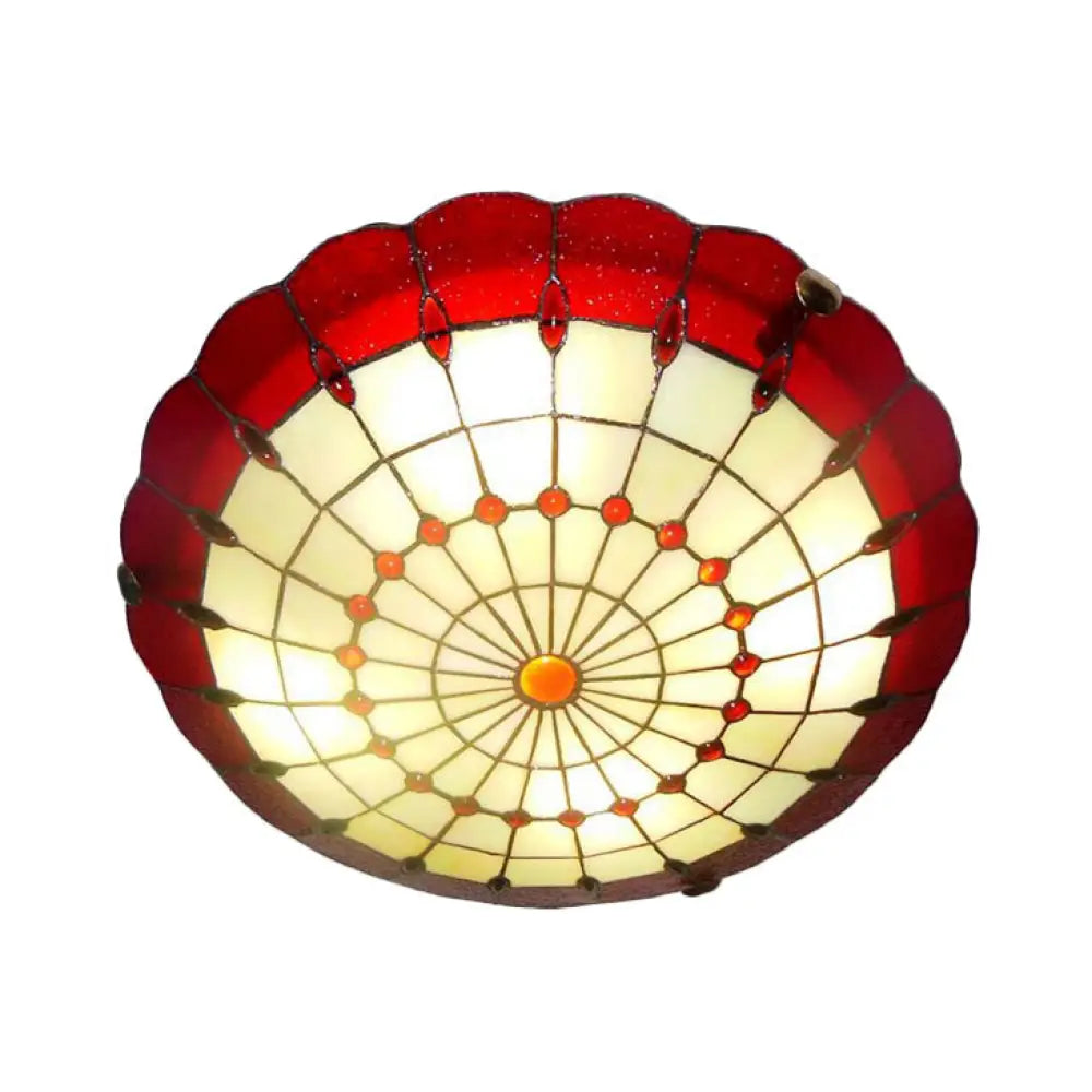 Tiffany Style Bedroom Ceiling Light 12’/16’/19.5’ W Dome Shade Flush Mount With Red Jewel