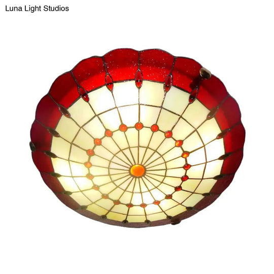 Tiffany Style Bedroom Ceiling Light 12/16/19.5 W Dome Shade Flush Mount With Red Jewel Decoration /