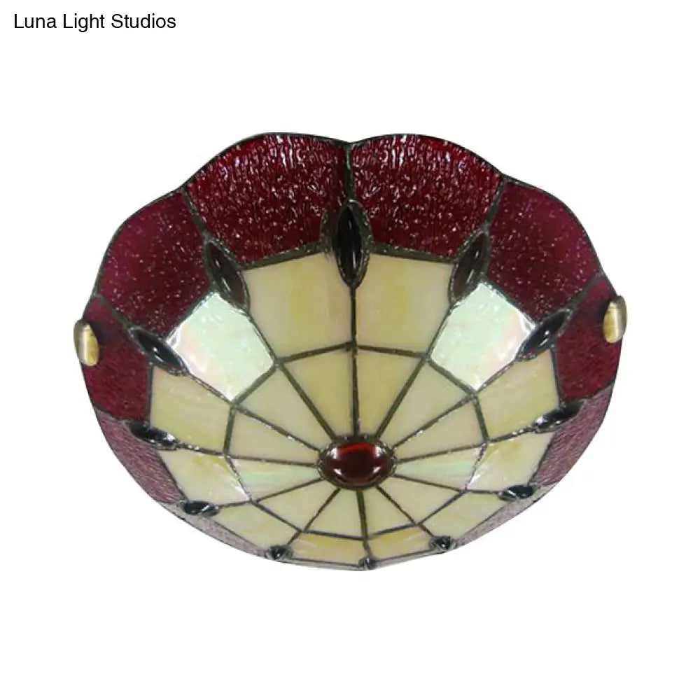 Tiffany Style Bedroom Ceiling Light 12/16/19.5 W Dome Shade Flush Mount With Red Jewel Decoration /