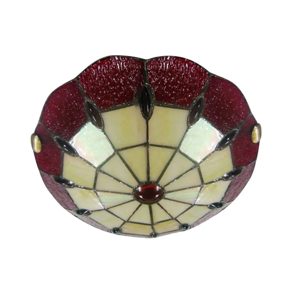 Tiffany Style Bedroom Ceiling Light 12’/16’/19.5’ W Dome Shade Flush Mount With Red Jewel