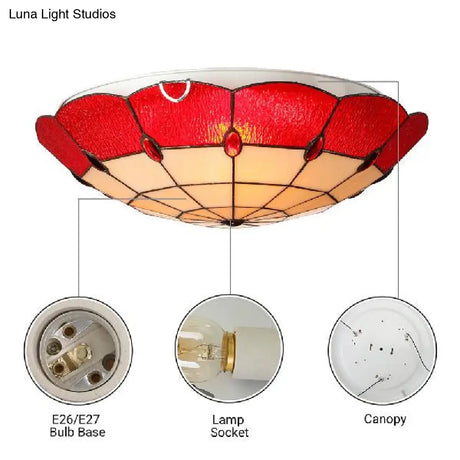Tiffany Style Bedroom Ceiling Light 12’/16’/19.5’ W Dome Shade Flush Mount With Red Jewel Decoration