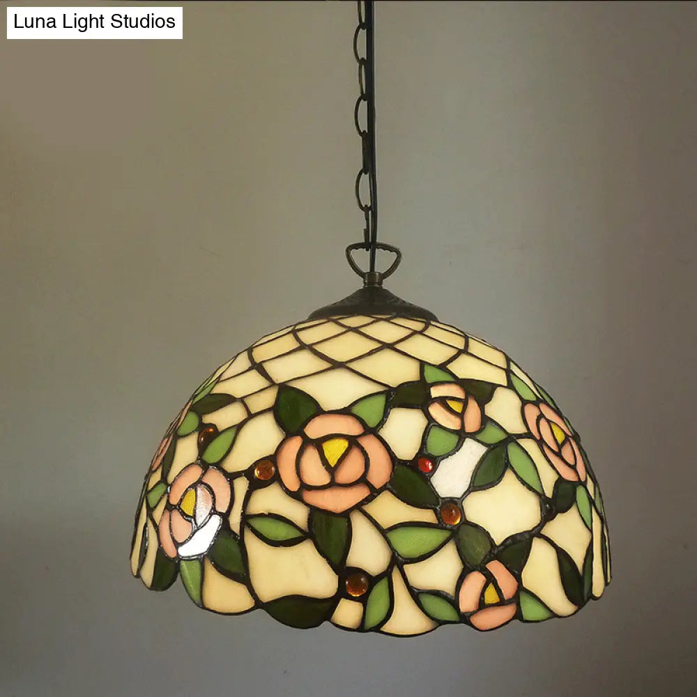 Tiffany-Style Beige Ceiling Pendant Light With Stained Glass Shade - 1 Bulb Bedroom Hanging Lamp