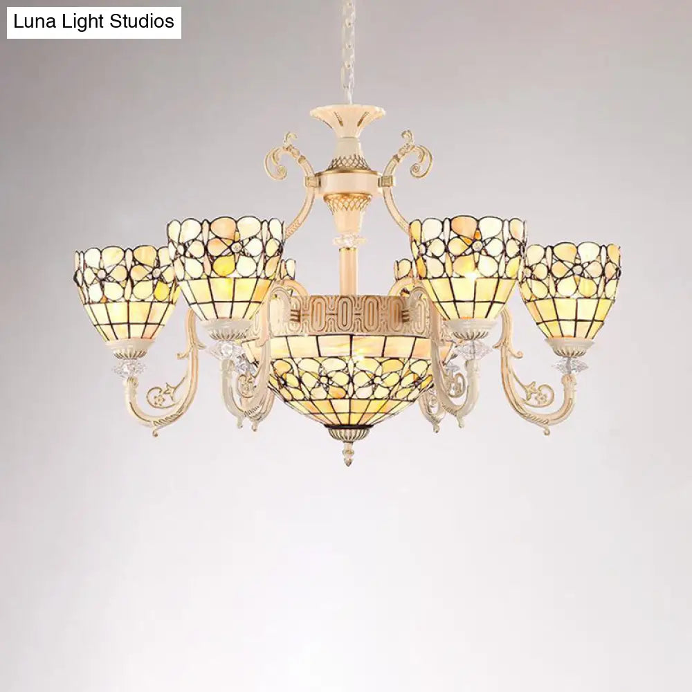 Tiffany Beige Chandelier: 8-Light Suspension With Stained Glass Flower Shade For Living Room