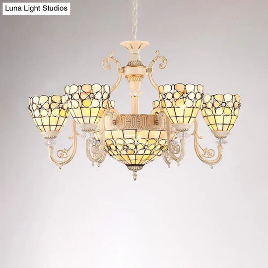 Tiffany Beige Chandelier: 8-Light Suspension With Stained Glass Flower Shade For Living Room