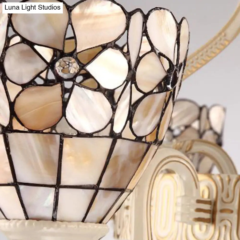 Tiffany Beige Chandelier: 8-Light Suspension With Stained Glass Flower Shade For Living Room