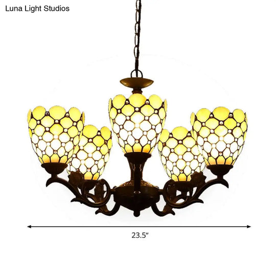 Tiffany Beige Glass Chandelier - 5-Light Suspension Lamp In Black