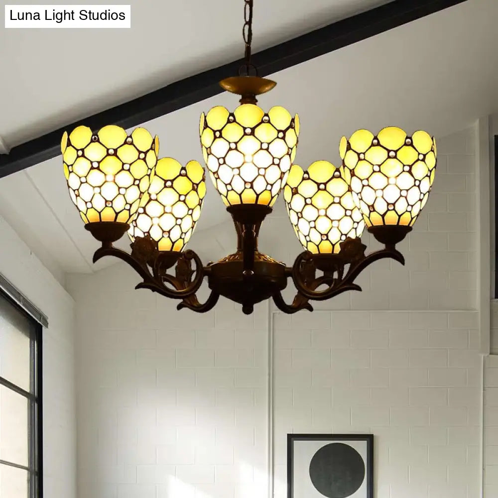 Tiffany Beige Glass Chandelier - 5-Light Suspension Lamp In Black