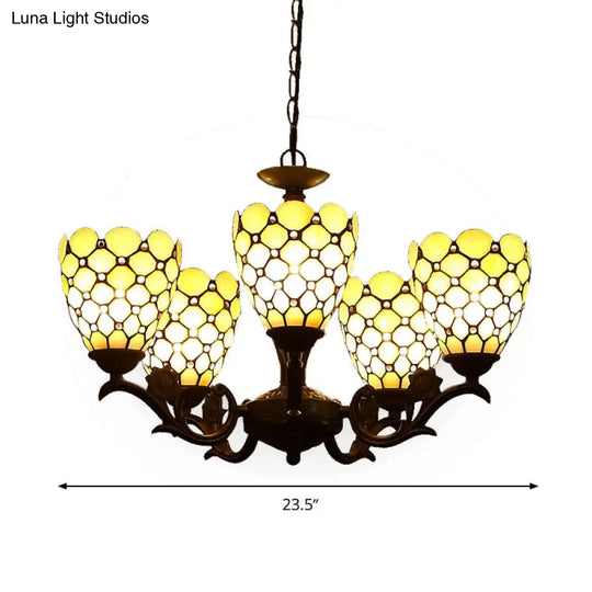 Tiffany Style Beige Glass Chandelier 5-Light Fixture With Black Suspension