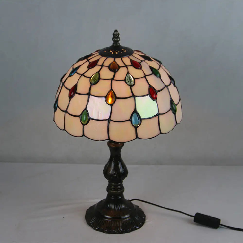 Tiffany Style Beige Glass Jewelry Night Table Lamp With Black Nightstand Base