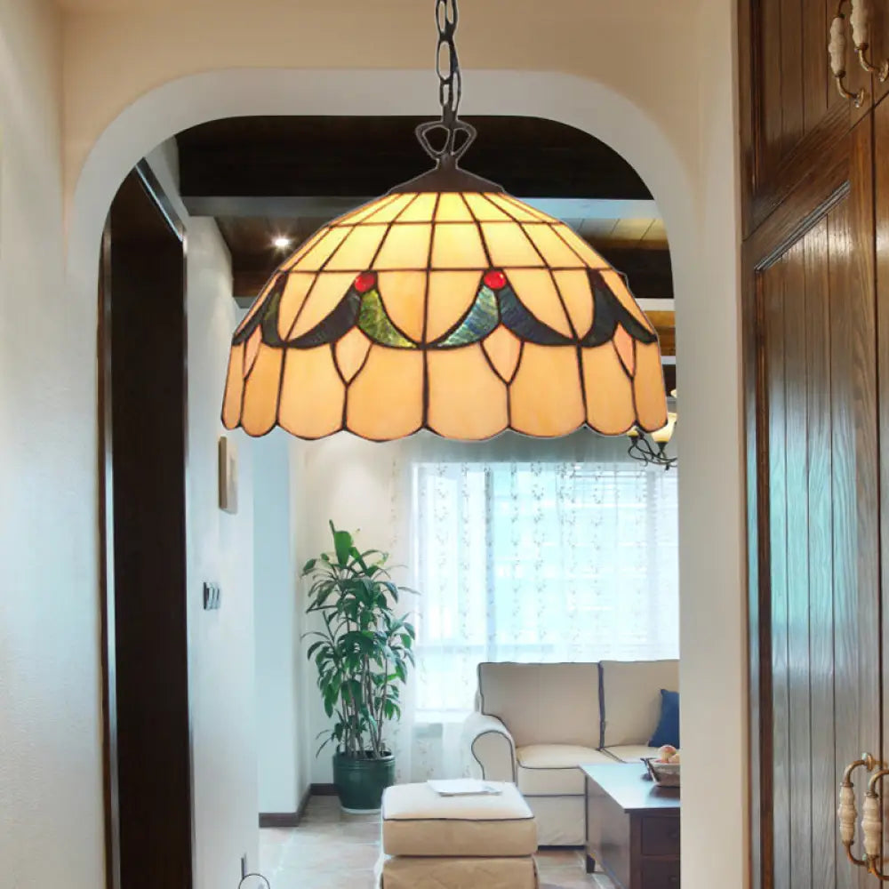 Tiffany-Style Beige Handcrafted Glass Ceiling Light With 1 Bulb