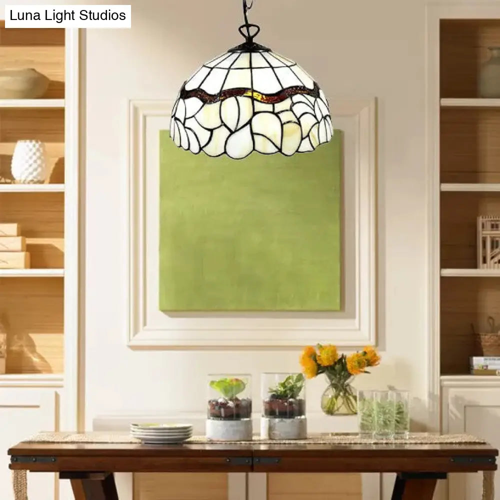 Tiffany Stained Art Glass Hanging Pendant Light - Beige Bowl Design For Dining Room