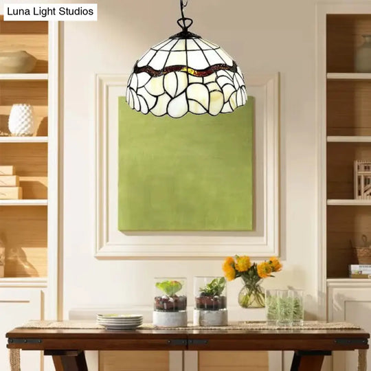 Tiffany Stained Art Glass Hanging Pendant Light - Beige Bowl Design For Dining Room