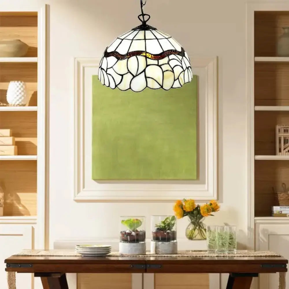Tiffany Style Beige Hanging Pendant Light - Art Glass Bowl Fixture For Dining Room Ceiling