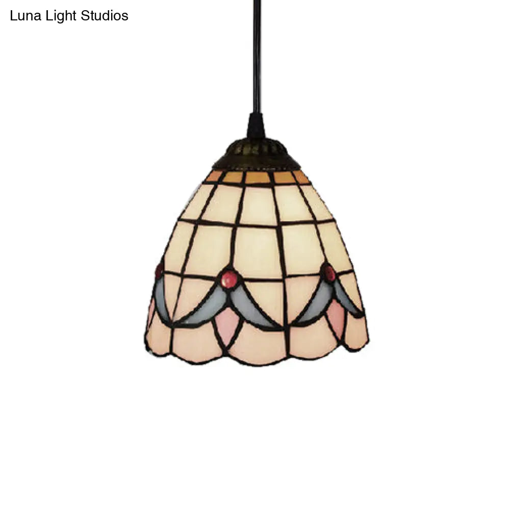 Tiffany-Style Beige Stained Glass Ceiling Lamp: 1-Head Pendant Light Kit (6’/8’ Wide Flare)