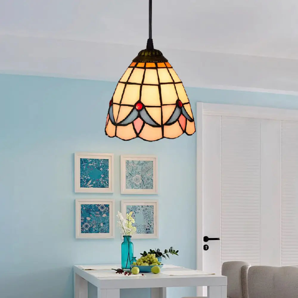 Tiffany-Style Beige Stained Glass Ceiling Lamp: 1-Head Pendant Light Kit (6’/8’ Wide Flare) / 6’