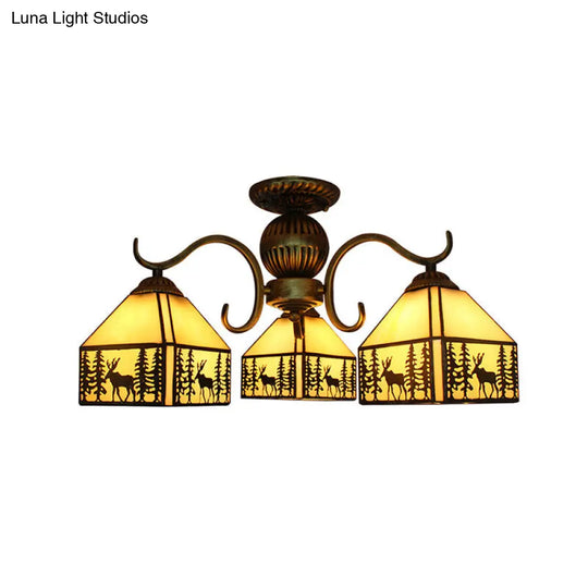 Small Tiffany Style Stained Glass Chandelier In Beige