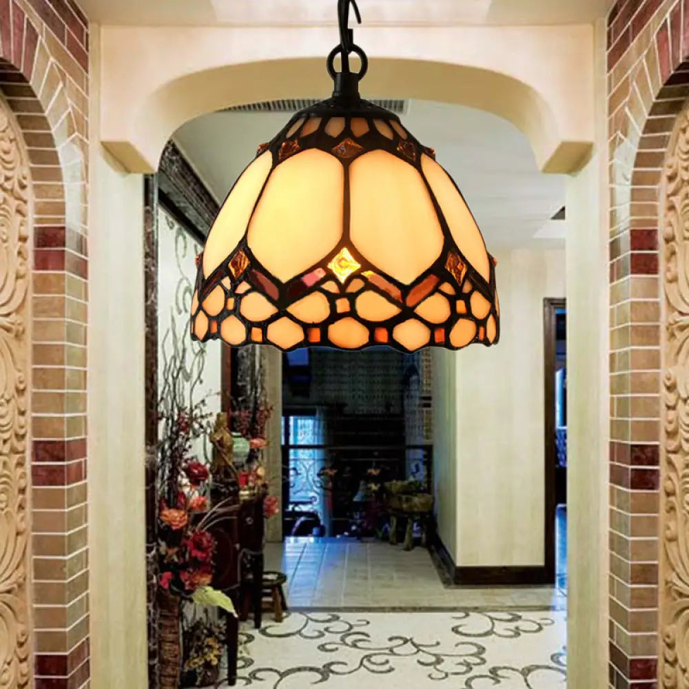 Tiffany-Style Beige Stained Glass Pendant Lamp - 1 Bulb Dome Down Lighting Suspension For Entryway