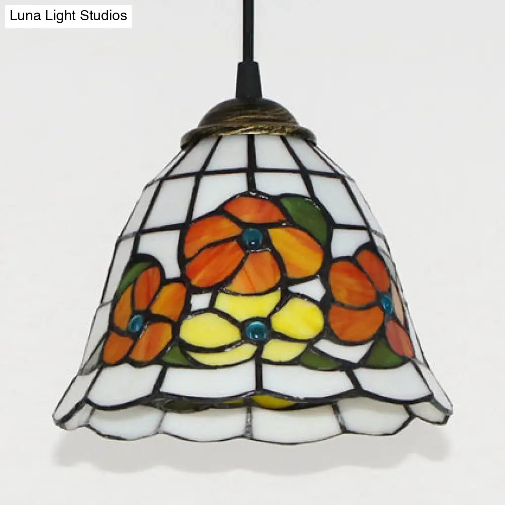 Tiffany Style Beige Stained Glass Pendant Lamp With Floral Design - Single Head Hanging Light Kit