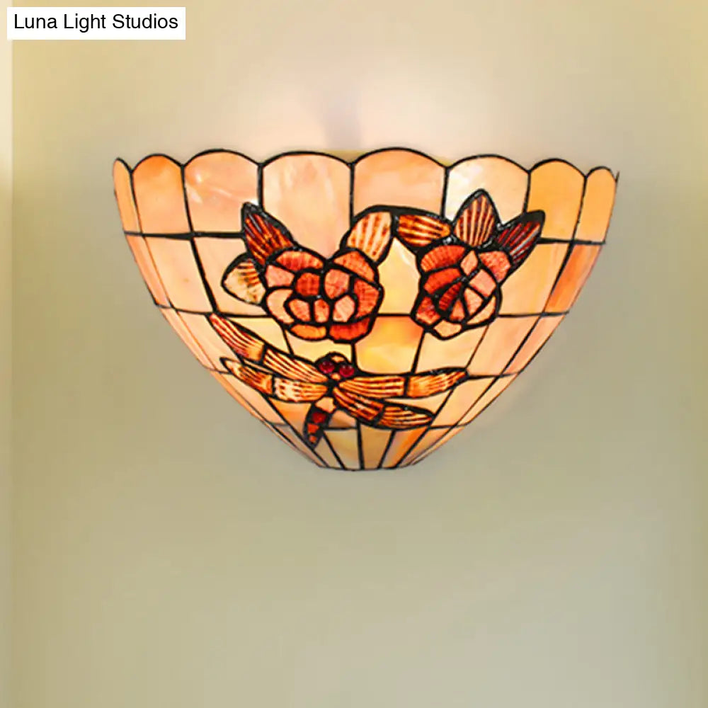 Tiffany Style Beige Wall Lamp With Handmade Shell Bowl Shade Elegant Rose And Dragonfly Pattern