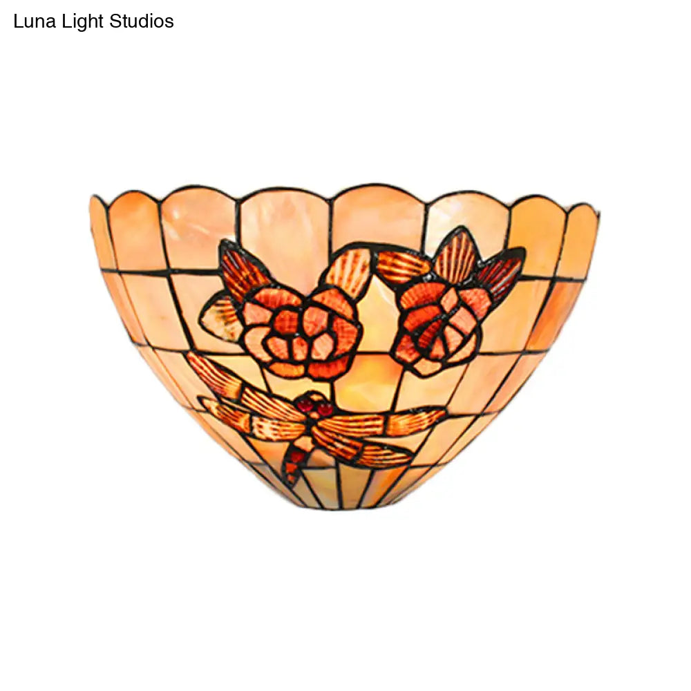 Tiffany Style Beige Wall Lamp With Handmade Shell Bowl Shade Elegant Rose And Dragonfly Pattern