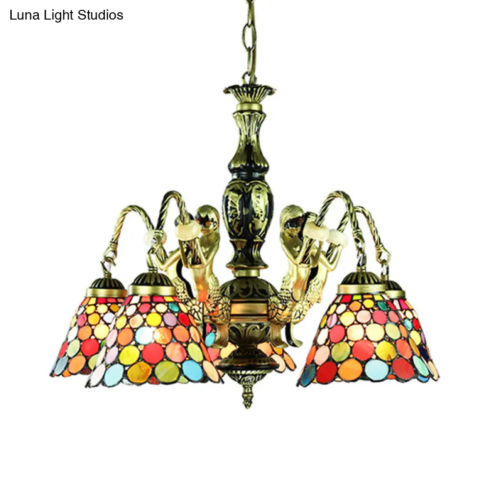 5-Light Tiffany Style Bell Shade Stained Glass Ceiling Chandelier In Antique Bronze - Bedroom