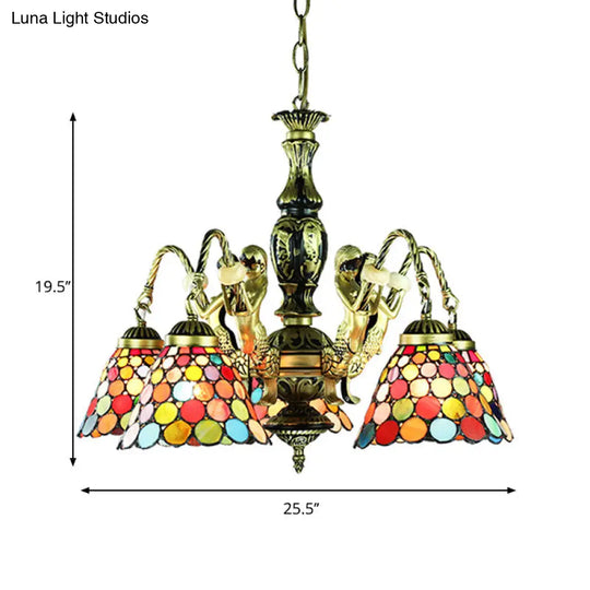 5-Light Tiffany Style Bell Shade Stained Glass Ceiling Chandelier In Antique Bronze - Bedroom