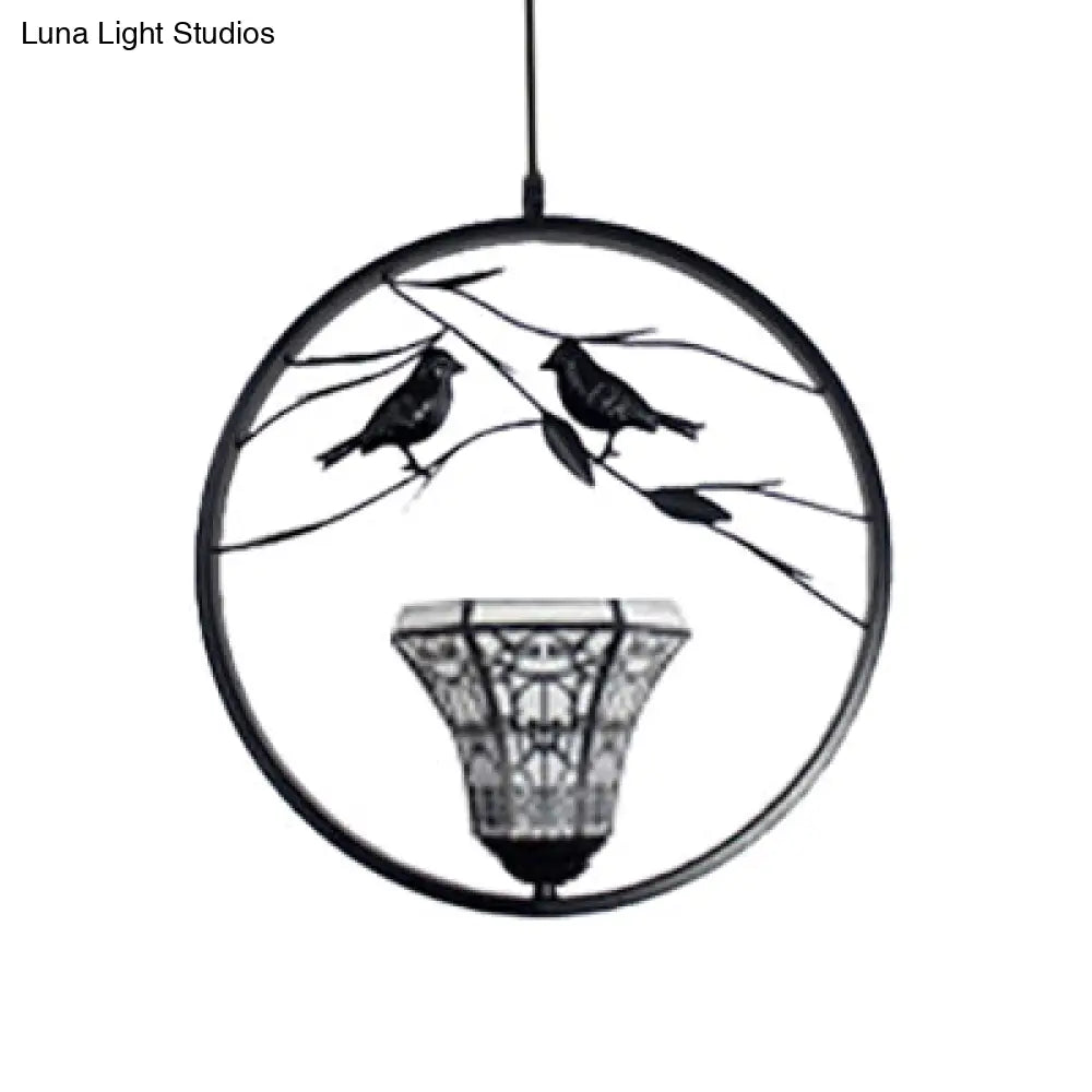 Tiffany Style Bell Stainless Glass Ceiling Lamp: White & Black Hanging Pendant Light With Bird Deco