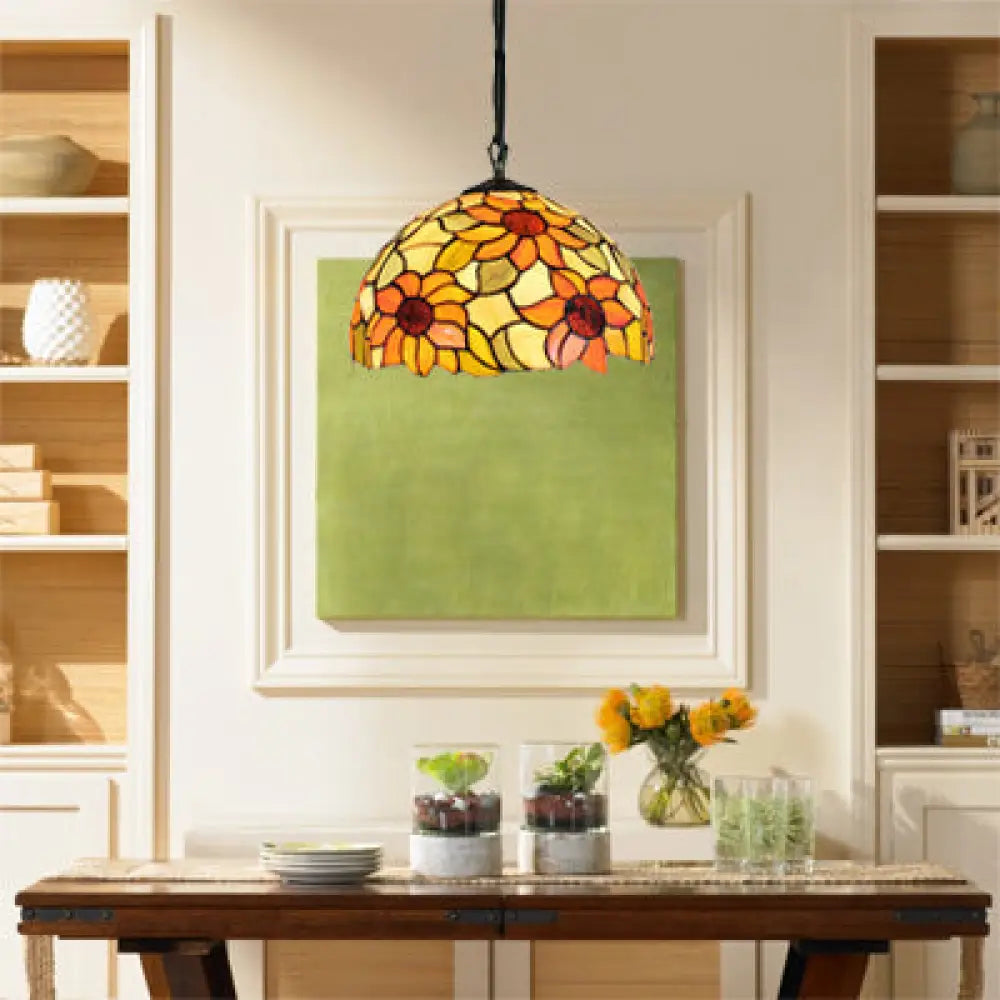 Tiffany-Style Black Hand Cut Glass Pendant Ceiling Light With Sunflower Pattern – 12’/16’