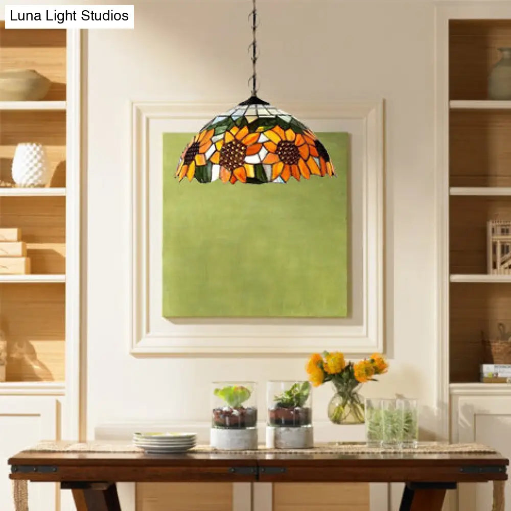 Tiffany-Style Black Hand Cut Glass Pendant Ceiling Light With Sunflower Pattern – 12’/16’